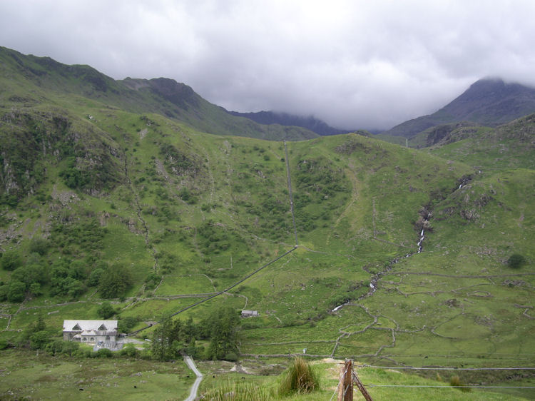 Cwm Dyli hydro-electric power station in the valley below