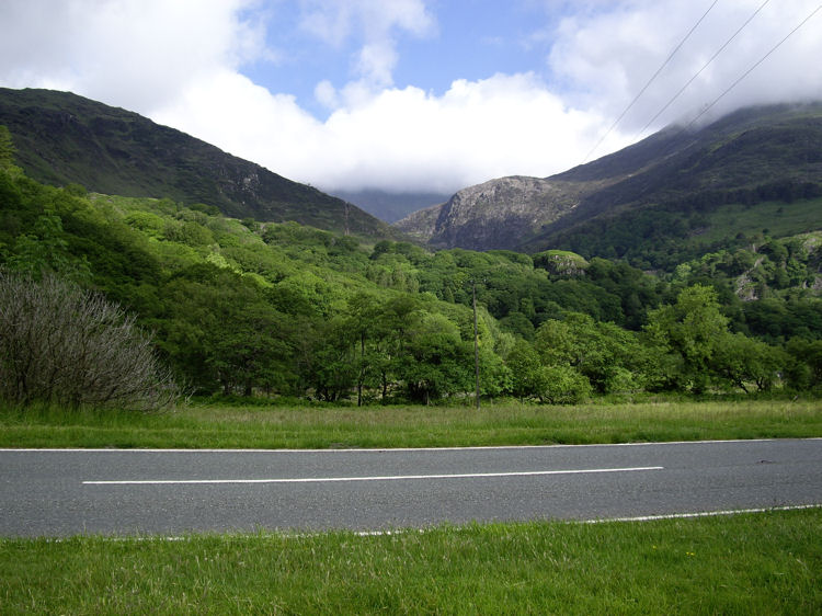 View from Pont Bethania car park toward Snowdon shrouded in cloud