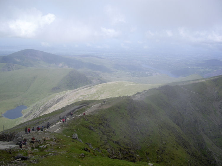 Looking down the Snowdon Mountain Railway toward Llanberis and Llyn Padarn