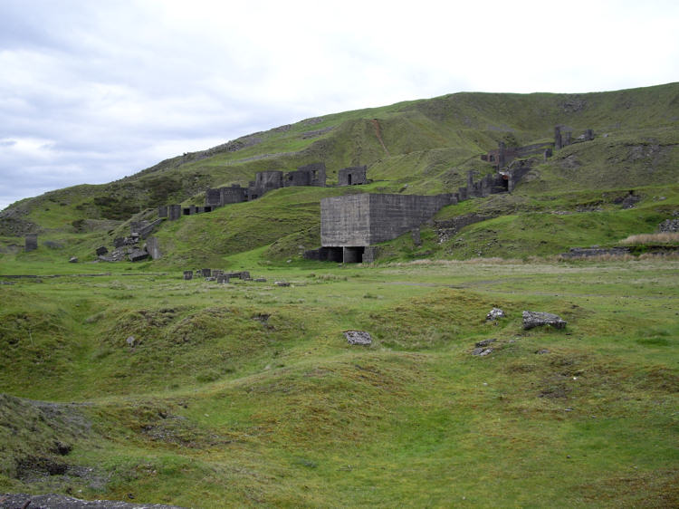 Disused quarry buildings at the top of the railway incline