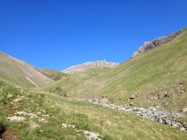 Looking back up Lingmell Gill to Pikes Crag and the Pulpit Rock pinnacle