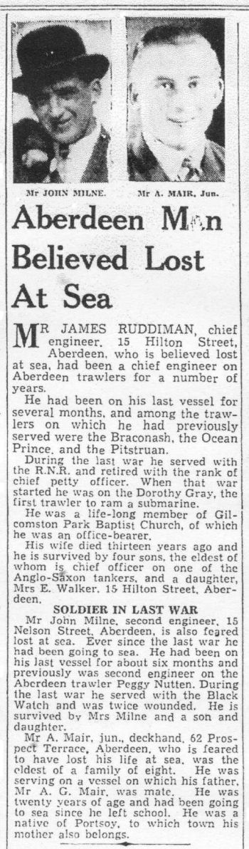 Newspaper article: Aberdeen Men Believed Lost at Sea