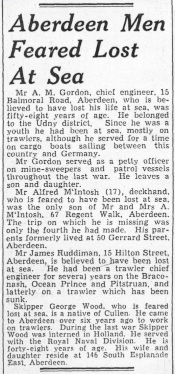Newspaper article: Aberdeen Men Feared Lost at Sea