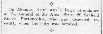 Newspaper article: Funeral of Mr. Alex. Pirie of 28 Seafield Street, Portknockie