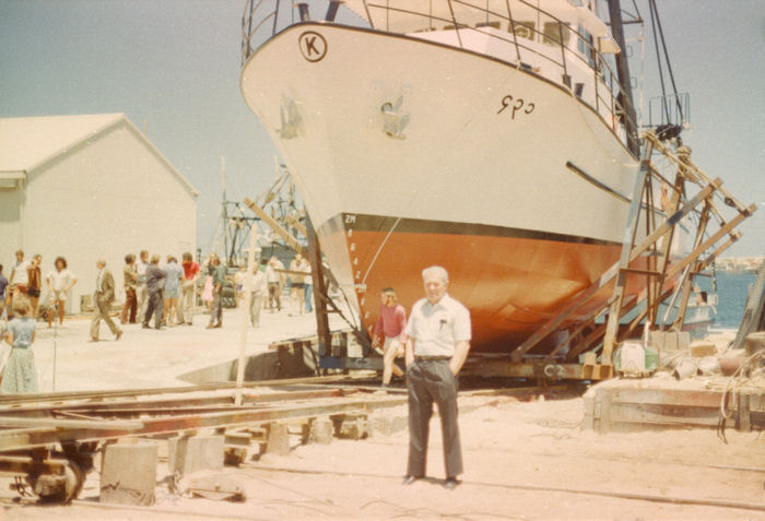 William with a trawler ready for launch at Dillingham Shipyards, North Fremantle William with a trawler ready for launch at Dillingham Shipyards, North Fremantle
