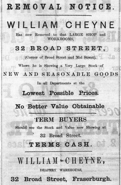 Advert for removal of the William Cheyne drapery warehouse to 32 Broad Street