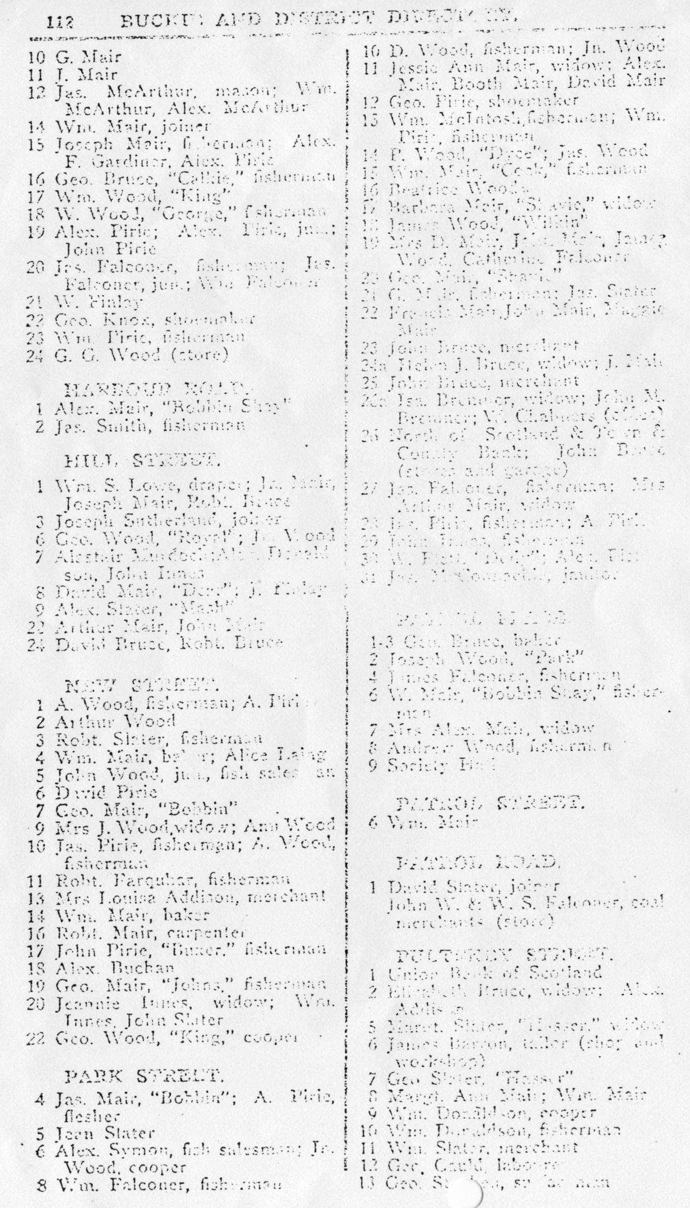 Buckie and District Directory 1926, page 112, Portknockie by street / house