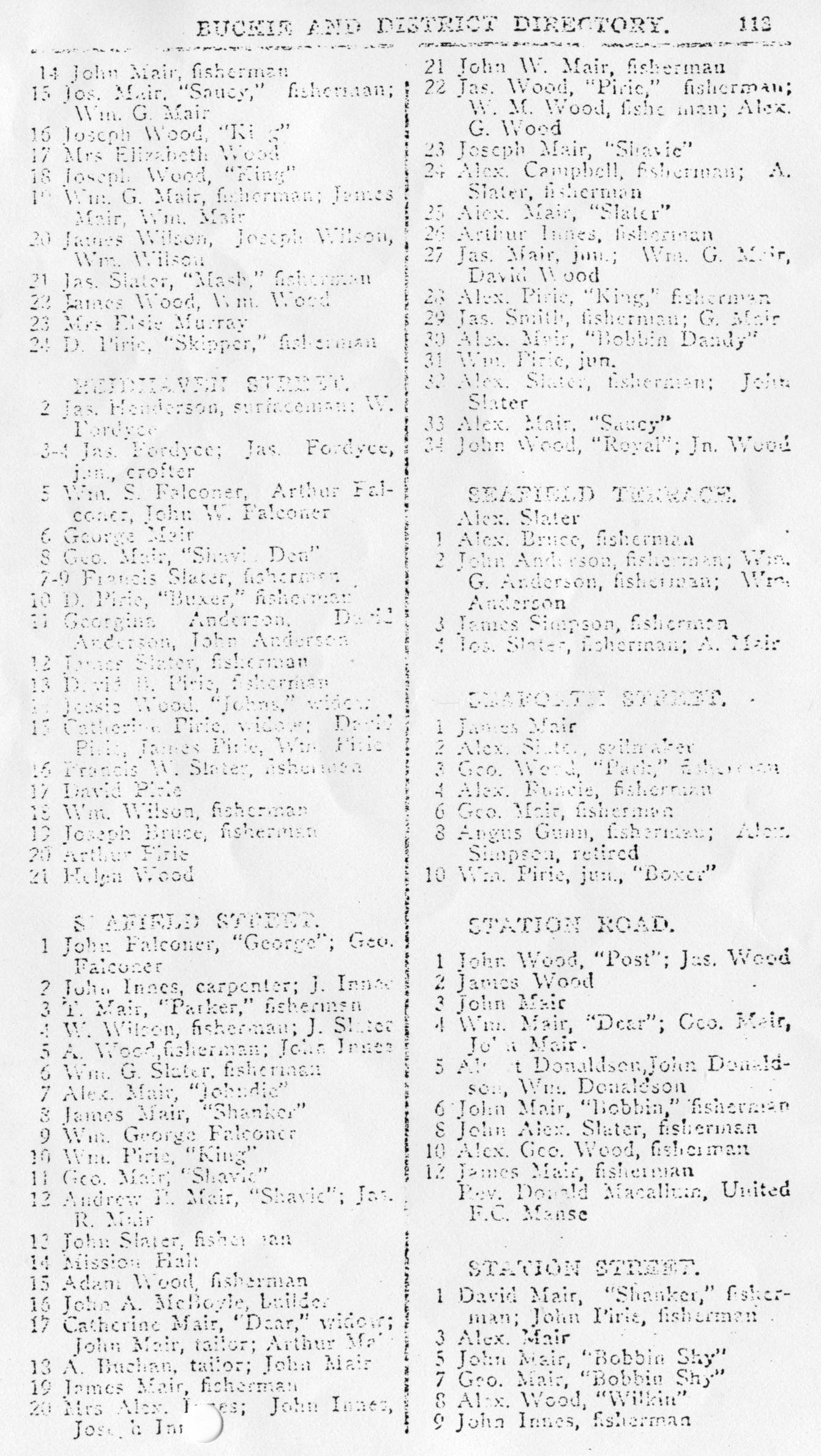 Buckie and District Directory 1926, page 113, Portknockie by street / house