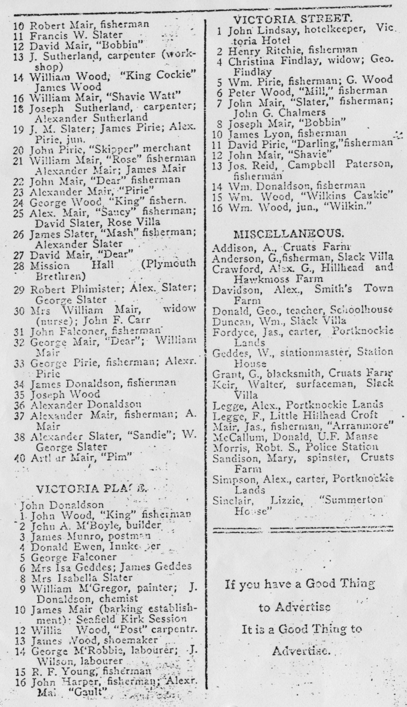 Buckie and District Directory 1926, page 114, Portknockie by street / house