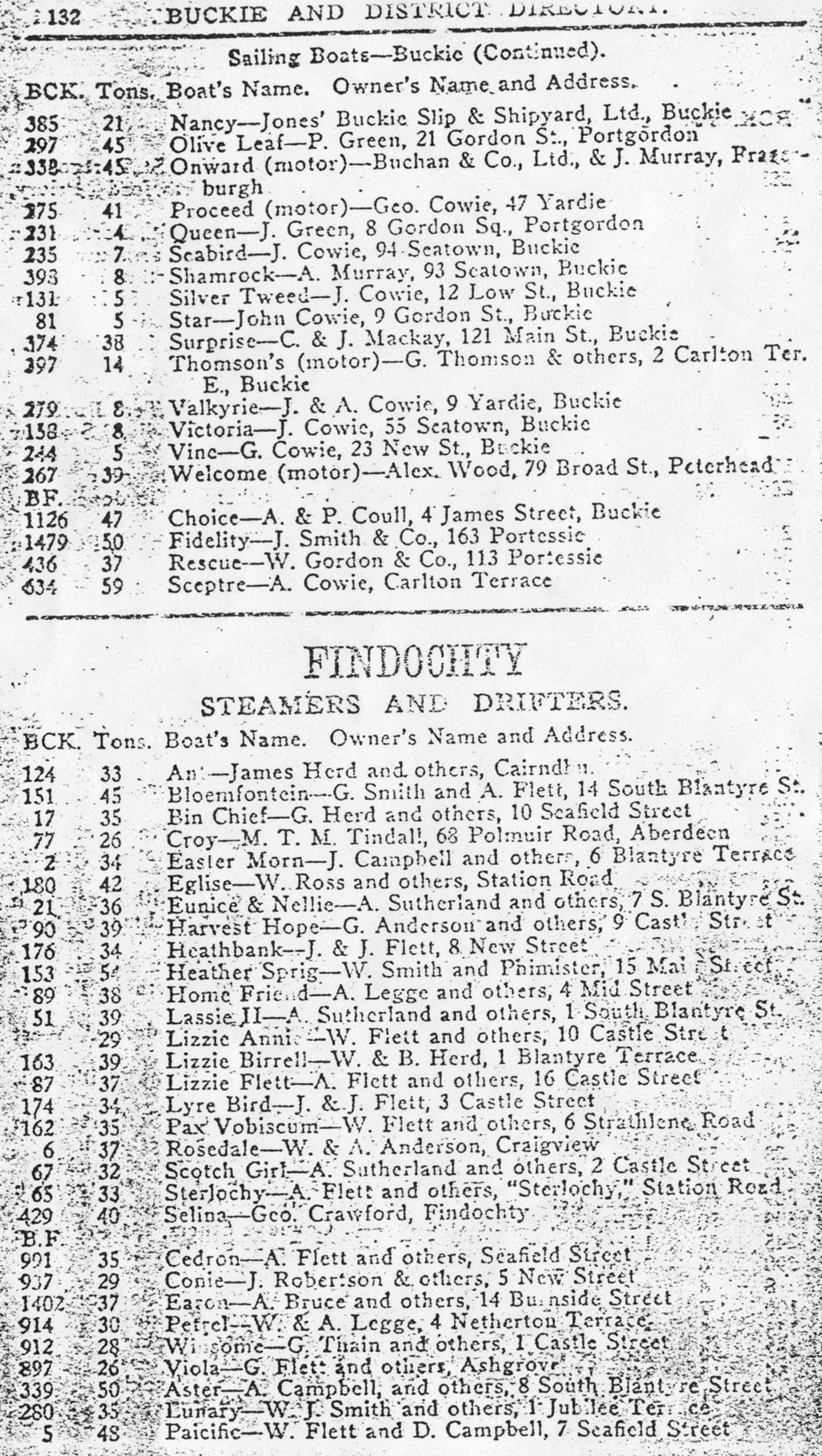 Buckie and District Directory 1926, page 132, Steamers and Drifters