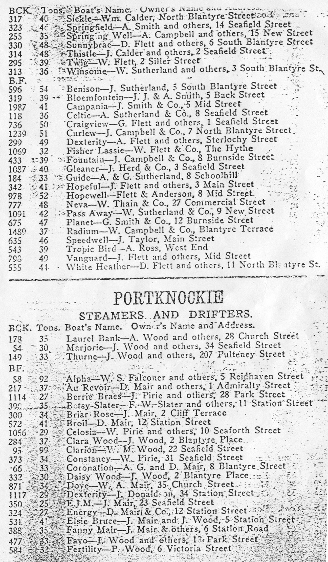 Buckie and District Directory 1926, page 133, Steamers and Drifters
