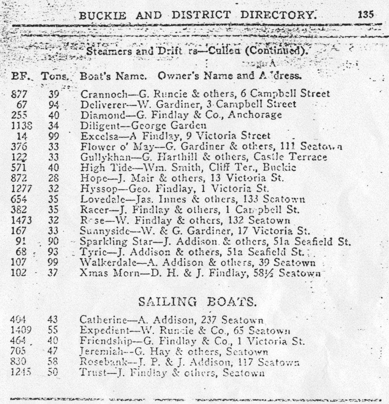 Buckie and District Directory 1926, page 135, Steamers and Drifters