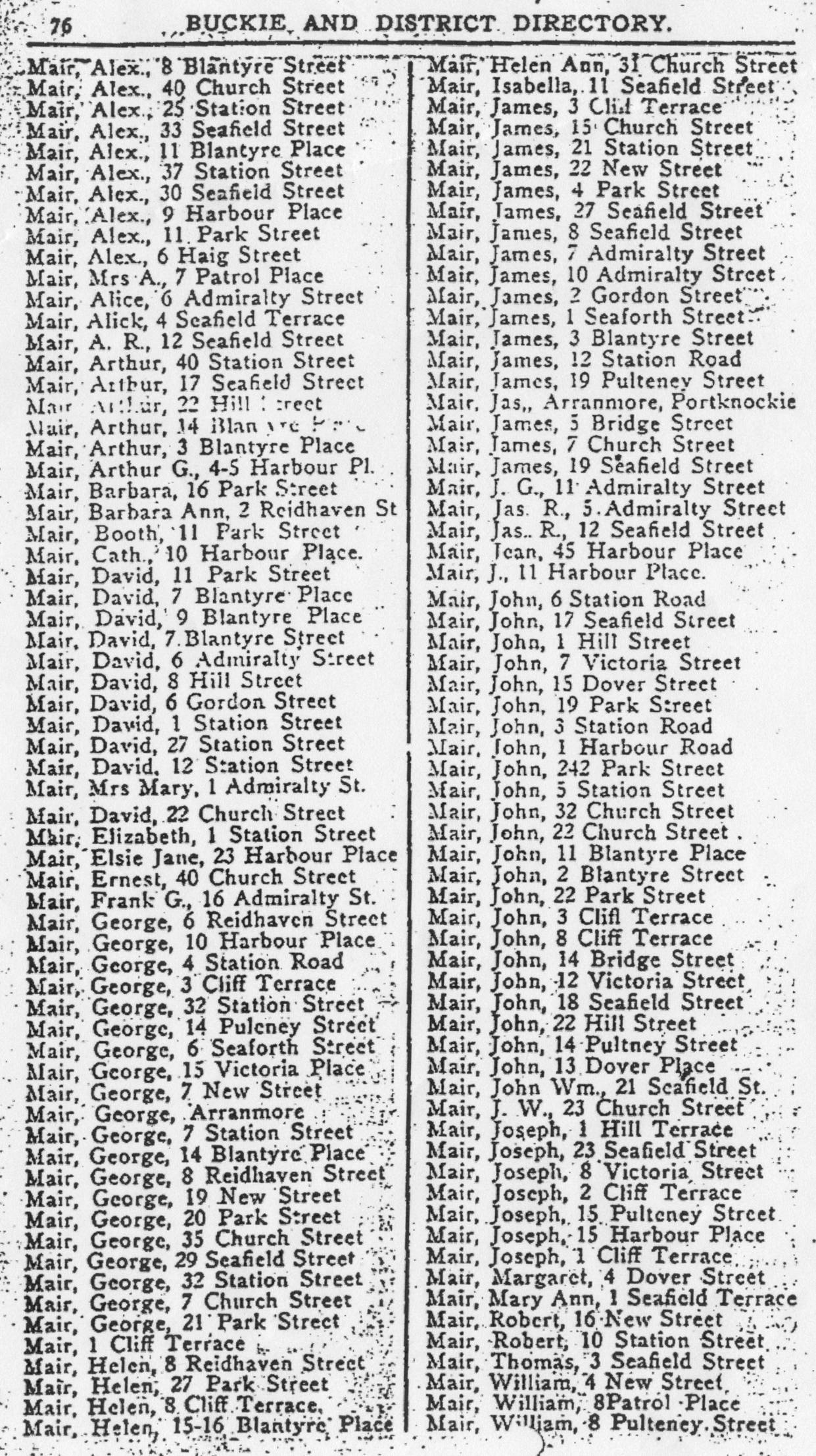 Buckie and District Directory 1926, page 76, Portknockie A-Z