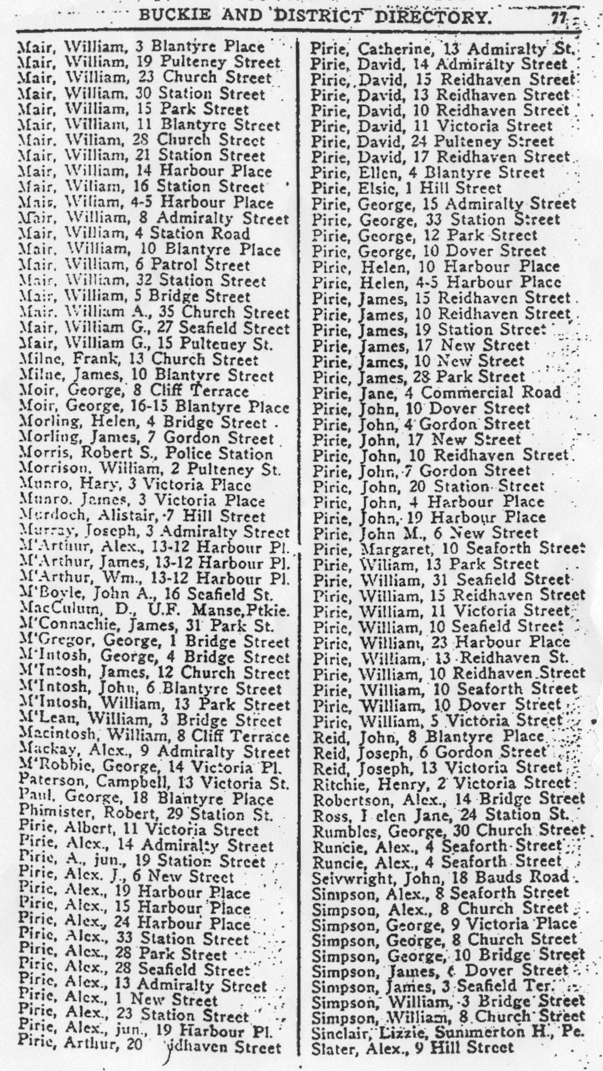Buckie and District Directory 1926, page 77, Portknockie A-Z