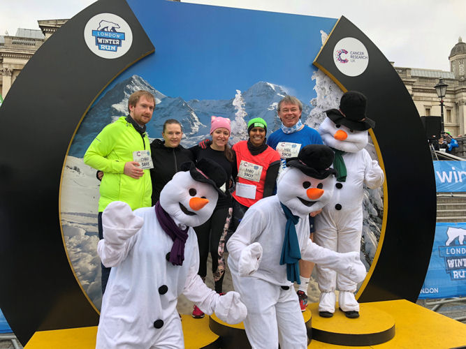 Chris, Sarah, Ranu and Neil with London Winter Run Snowmen